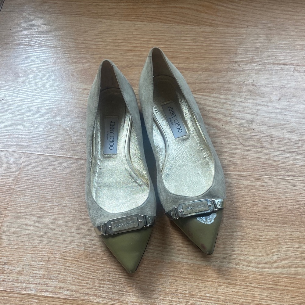 Jimmy Choo Women's Tan Suede Flats with Gold Accents